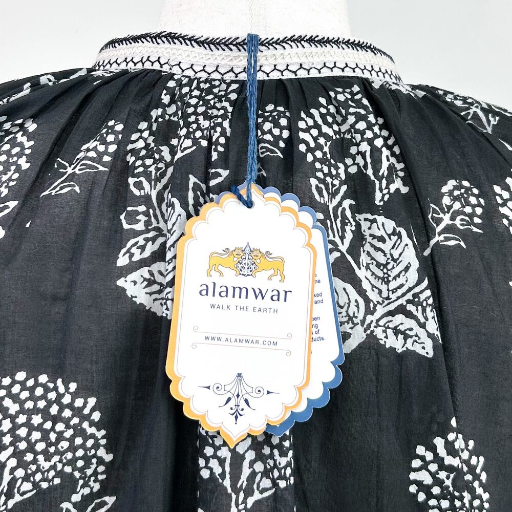 Alamwar India XL Black Floral Block Prink Bohemian Tassel Tie Cotton Blouse NWT - Picture 2 of 12